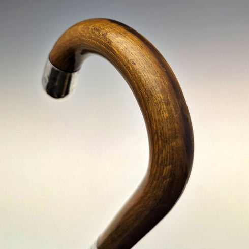1922 British Antique Gentleman's Walking Stick, Brown Handle, Pure Silver Decoration, Curved Handle, 92cm